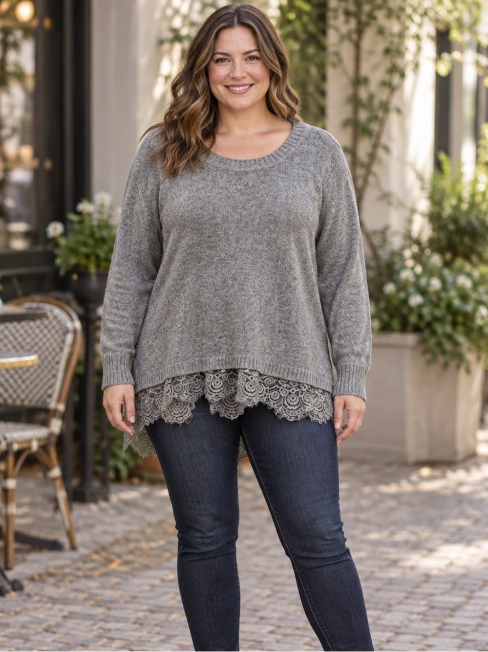 Kismet Grey Lace Hem Layered Look Knit Sweater Size Large